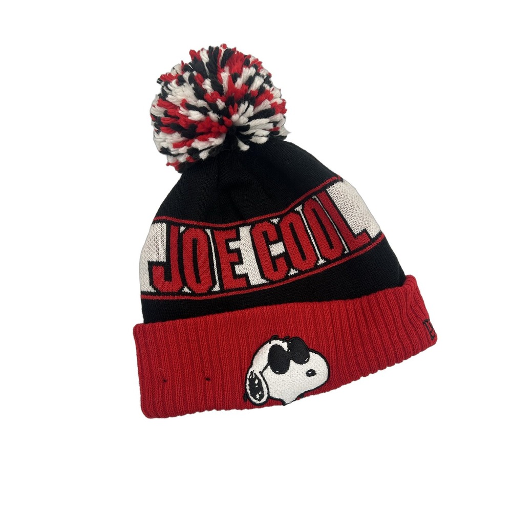 New Era Peanuts Joe Cool Snoopy Beanie Pom Knit Hat One Size Red Black White